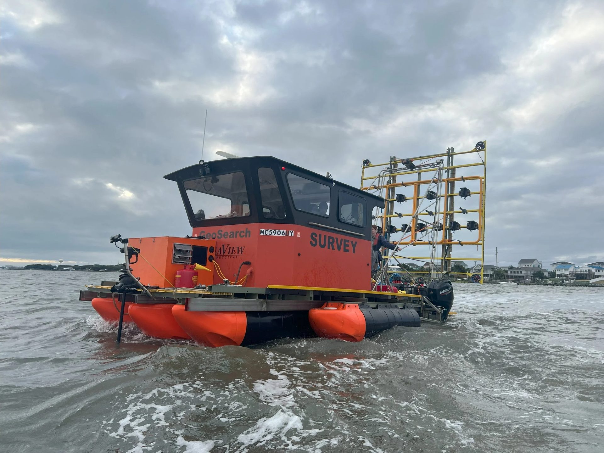 S/V GeoSearch towing the Active Towed Array in shallow water